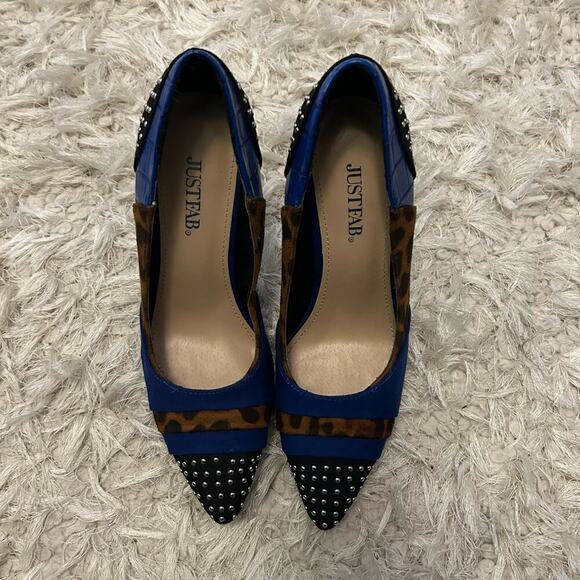 ˚₊‧꒰ა ☆ ໒꒱ ‧₊˚ 2 Pairs of Just Fab Blue Cheetah Print Women Heels Sz. 7  (4C-Q) - Picture 7 of 10